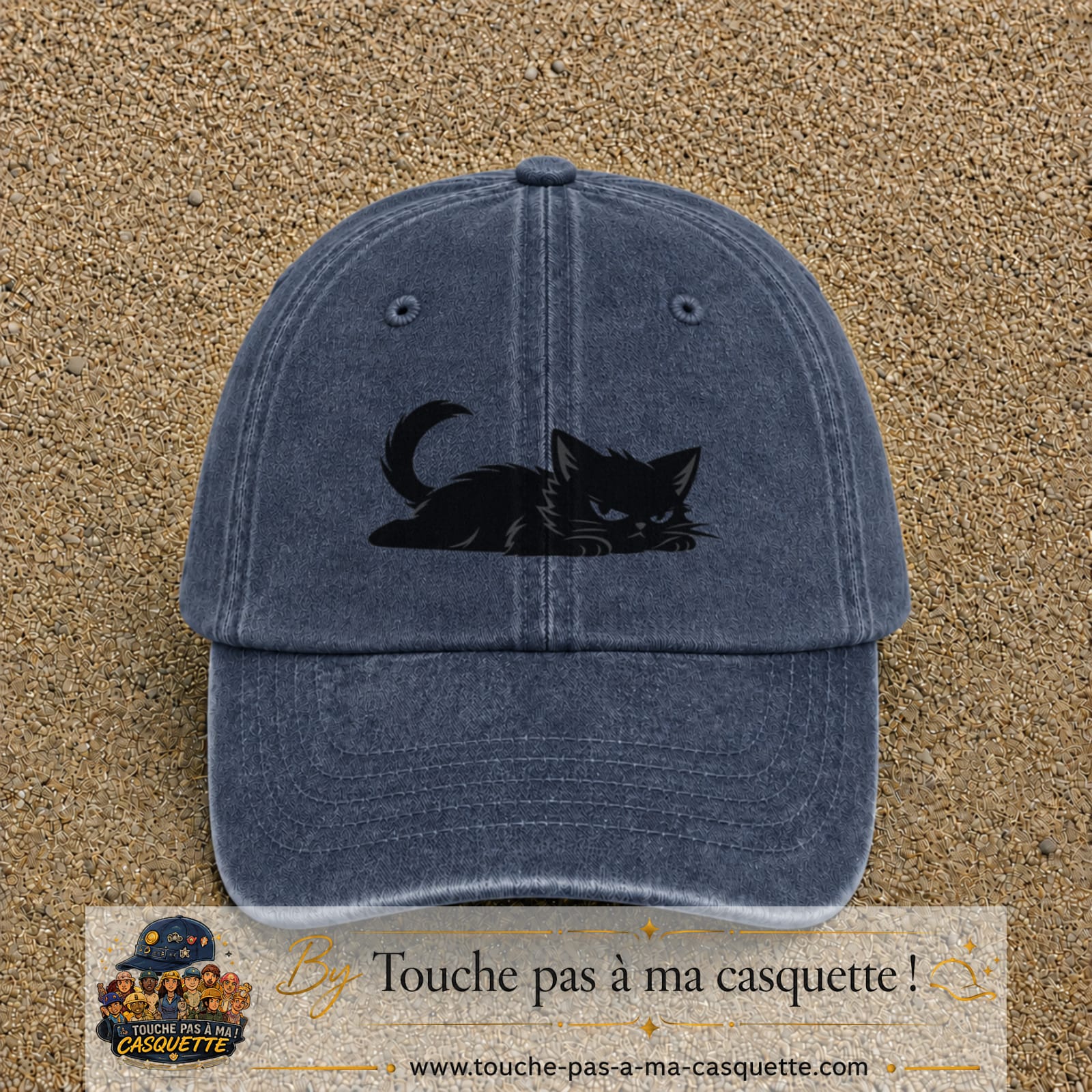 Casquette baseball Bleu marine délavé 100% coton avec visuel Chat noir couché 5 cm - image produit principale