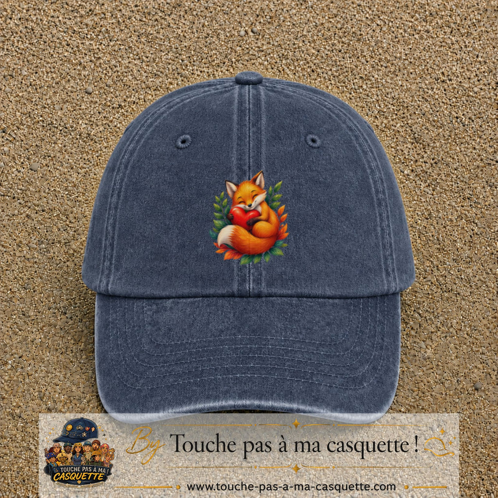 Casquette baseball Bleu marine délavé 100% coton avec motif Renard au cœur 7 cm - image principale