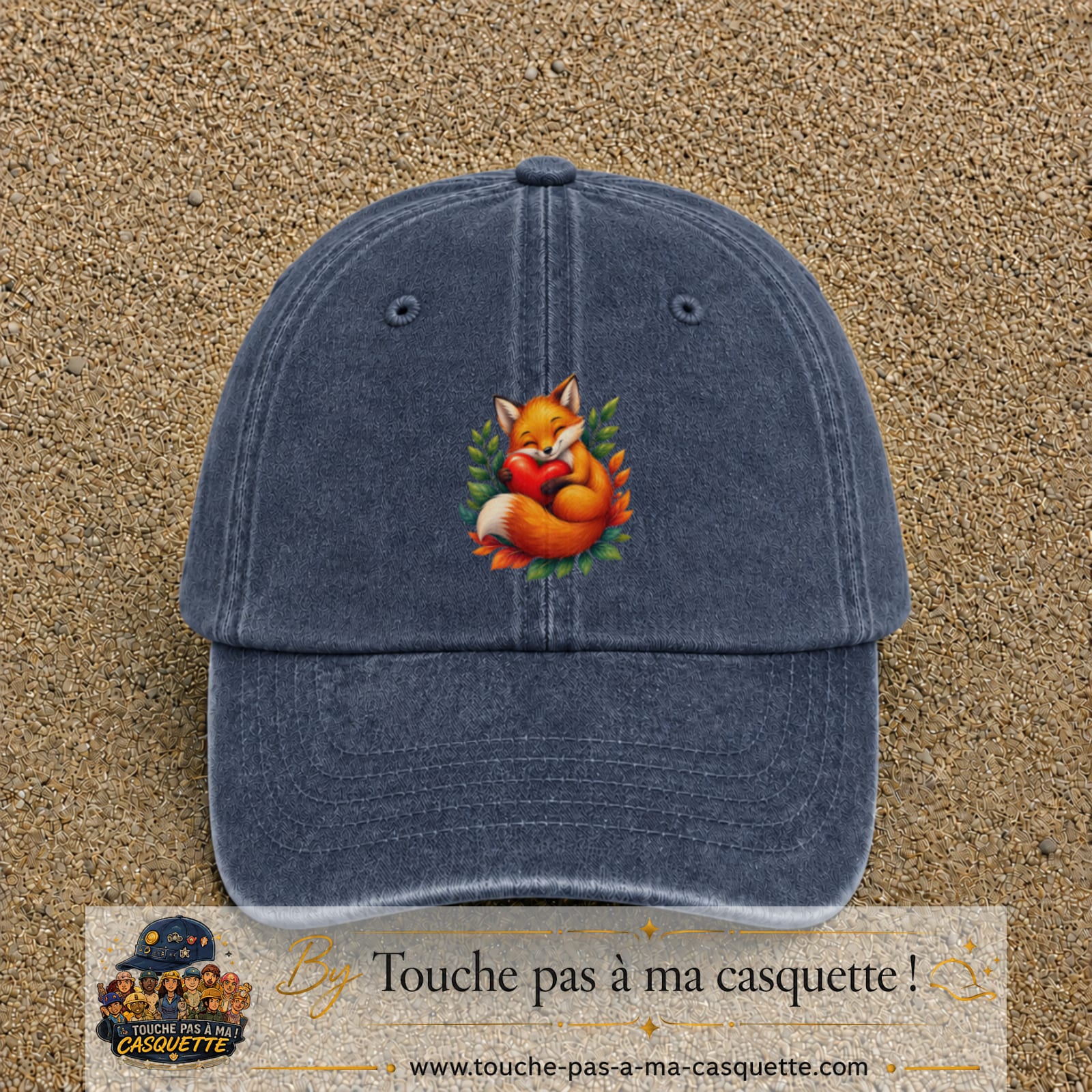 Casquette baseball Bleu marine délavé 100% coton avec motif Renard au cœur 7 cm - image principale