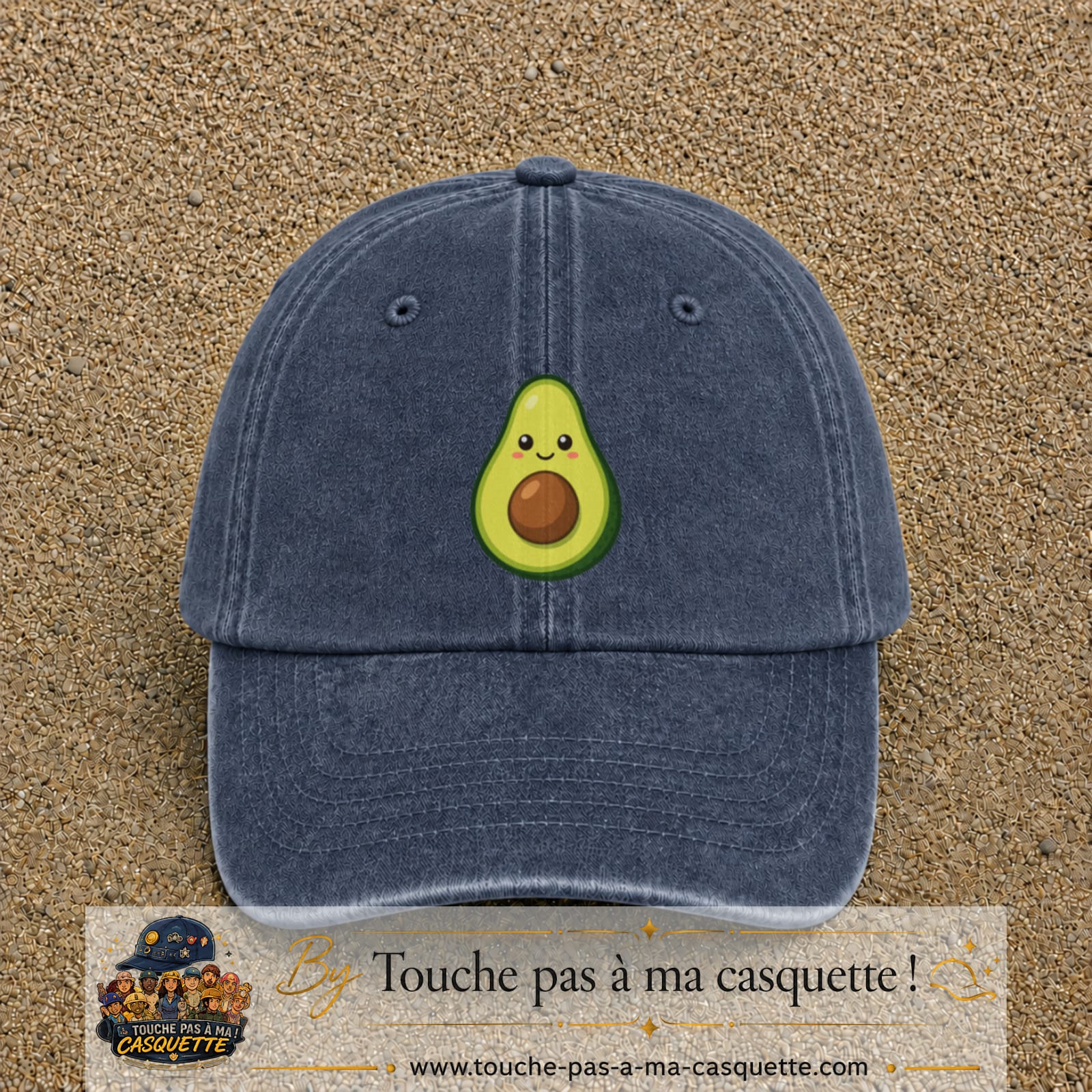 Casquette baseball Bleu marine délavé 100% coton avec visuel Avocat kawaii 7 cm - image produit principale