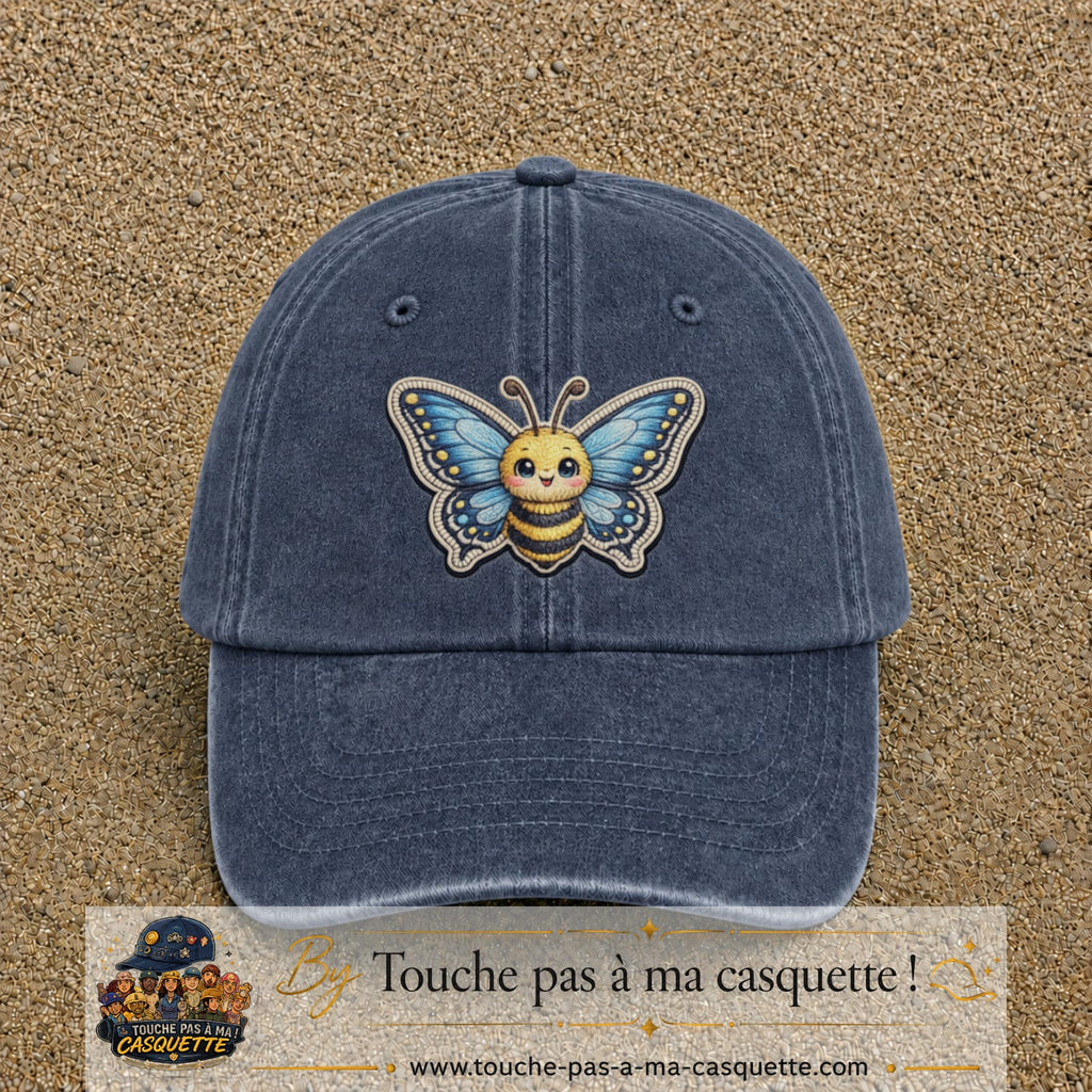 Casquette Bleu marine délavé motif Abeille papillon 7 cm - vue principale