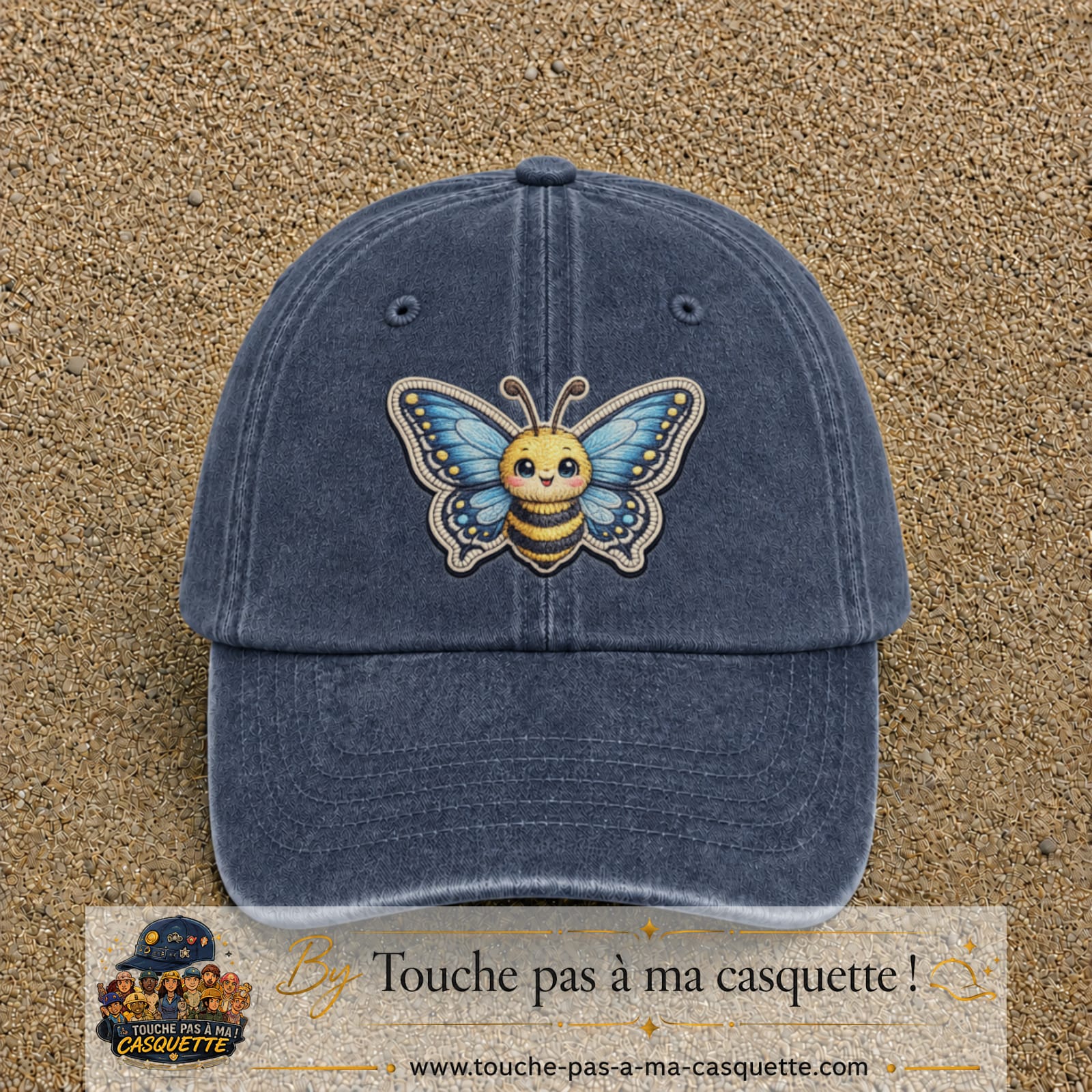 Casquette Bleu marine délavé motif Abeille papillon 7 cm - vue principale