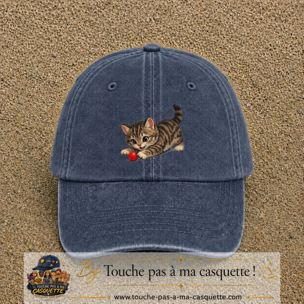 Casquette baseball Bleu marine délavé 100% coton avec motif Chaton joueur 7 cm - image principale