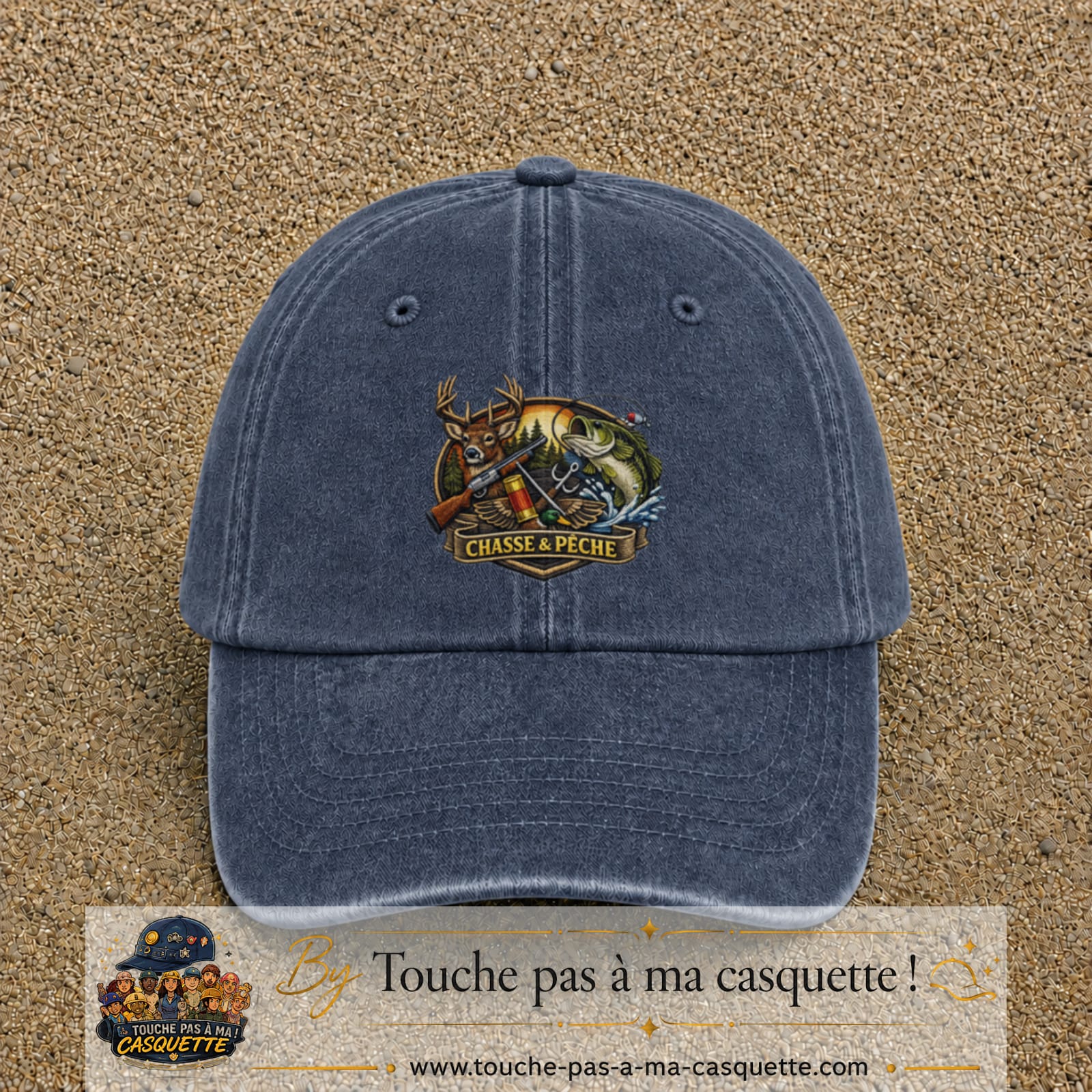 Casquette Bleu marine délavé motif Chasse et pêche 7 cm - vue principale