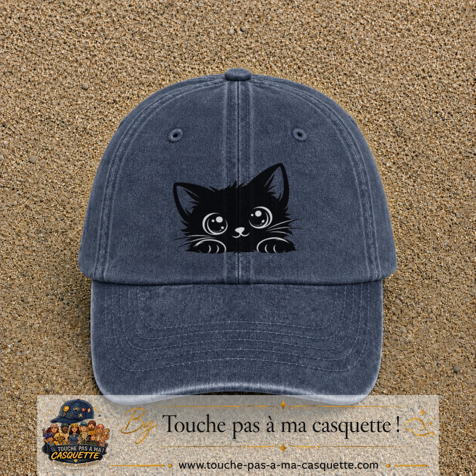Casquette baseball Bleu marine délavé 100% coton avec visuel Chaton noir kawaii 7 cm - image produit principale