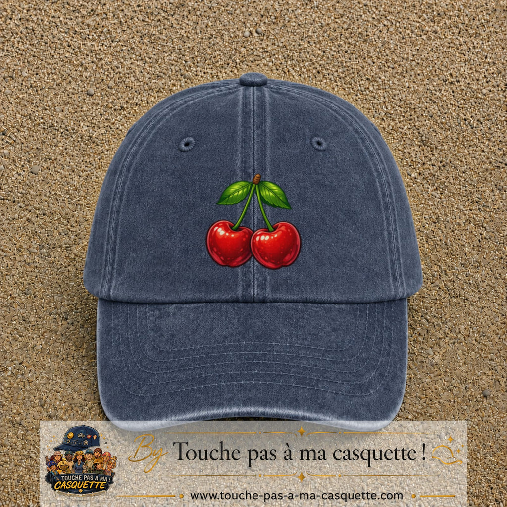 Casquette baseball Bleu marine délavé 100% coton avec visuel Cerises 7 cm - image produit principale