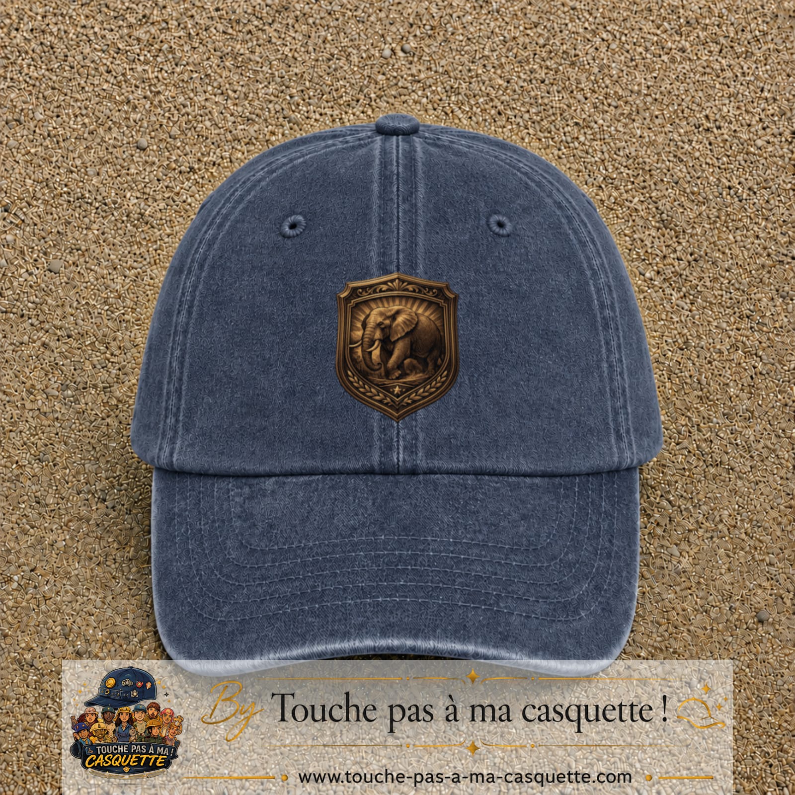 Casquette baseball Bleu marine délavé 100% coton avec visuel Écusson éléphant 7 cm - image produit principale