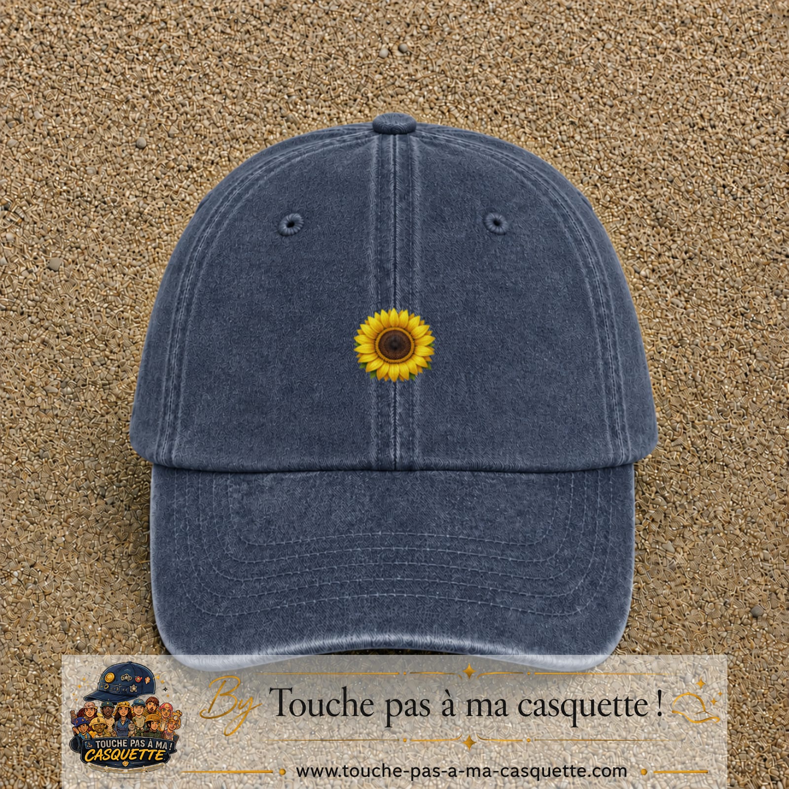 Casquette Bleu marine délavé motif Tournesol éclatant 3 cm - vue principale