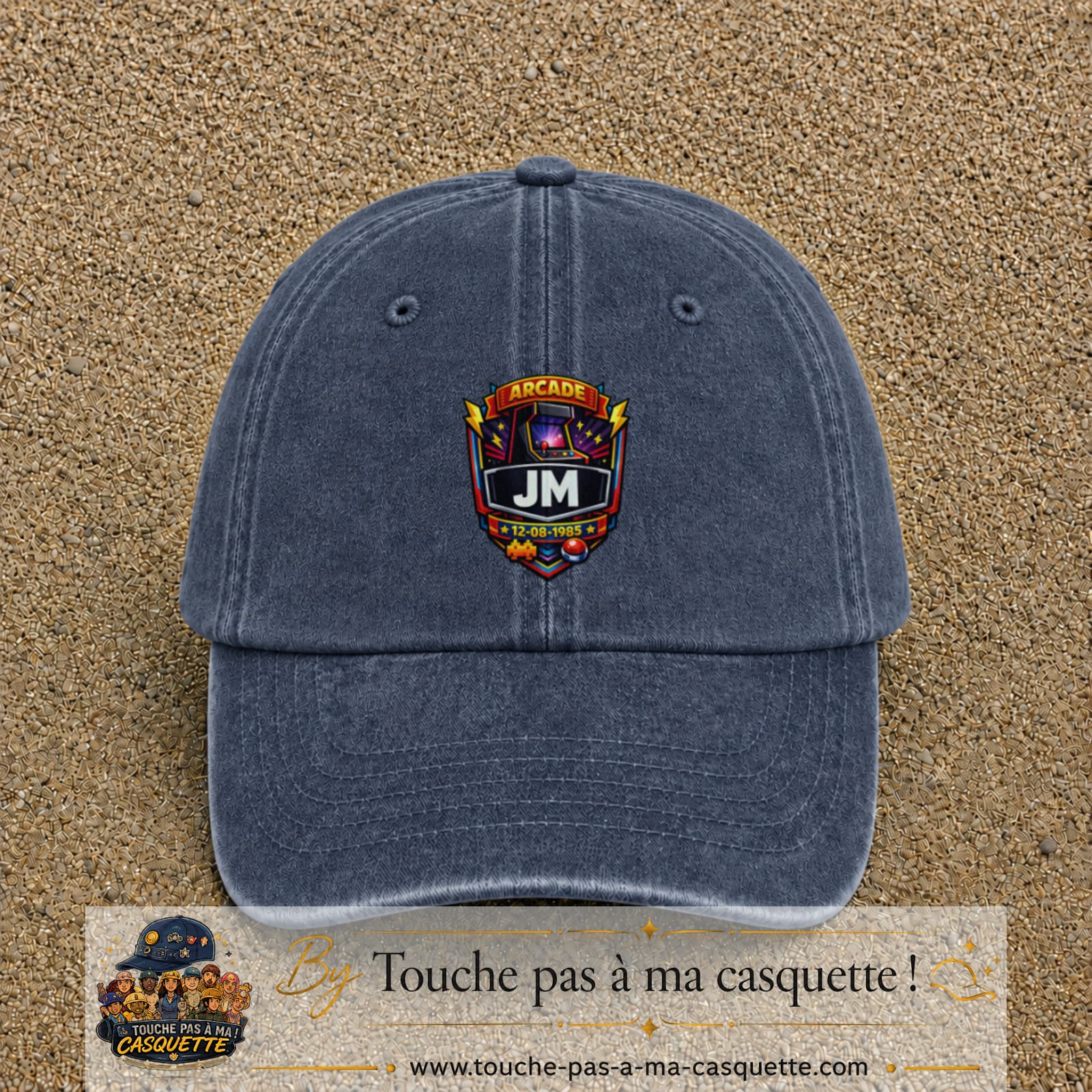 Casquette Bleu marine délavé 100% coton avec motif Badge arcade JM rétro 7 cm - image principale