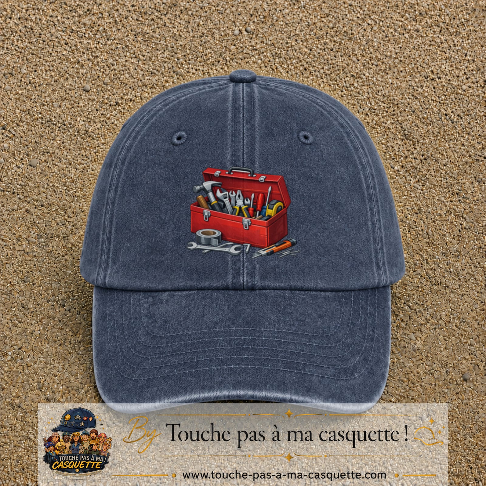 Casquette baseball Bleu marine délavé 100% coton avec motif Boîte à outils 7 cm - image principale
