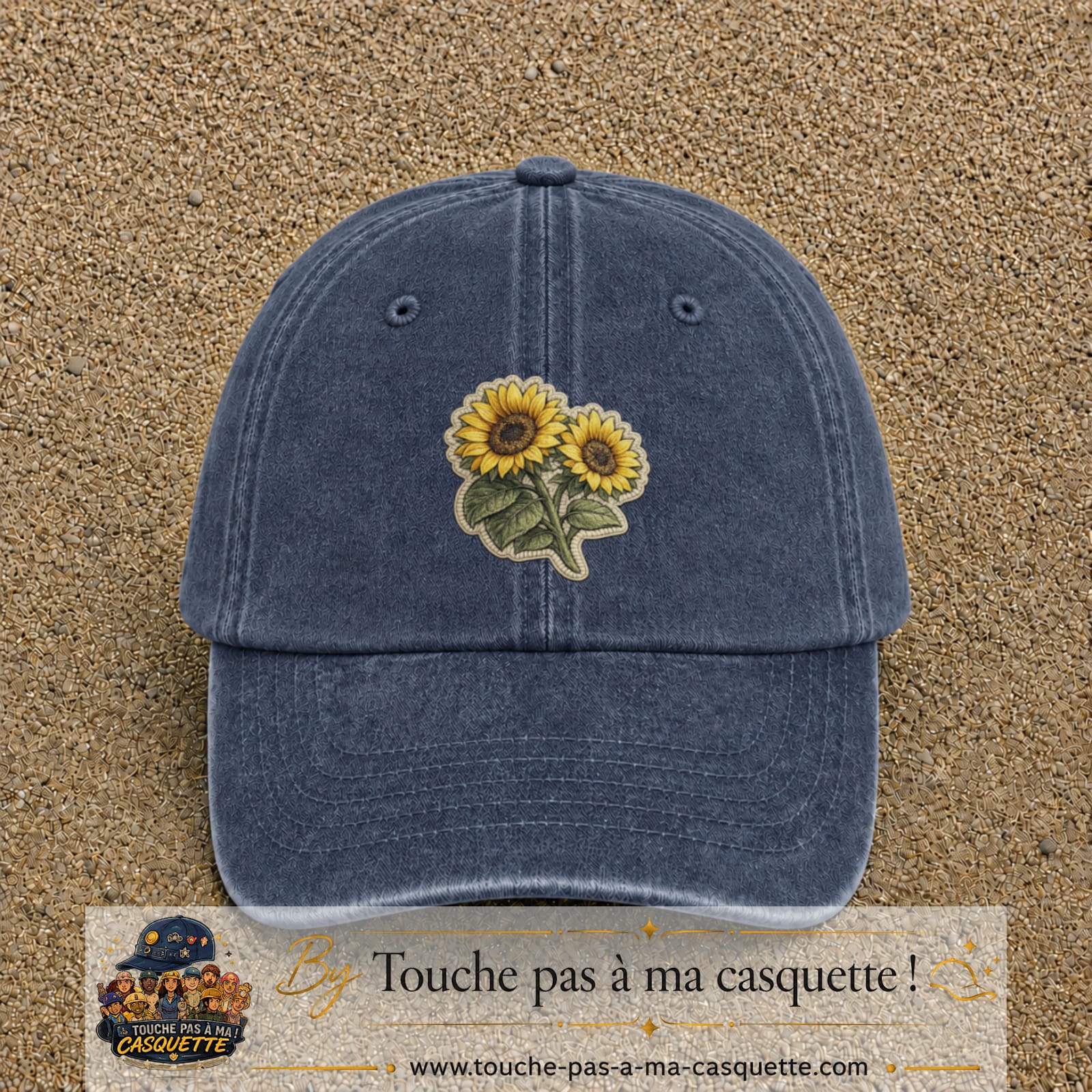 Casquette Bleu marine délavé motif Duo de tournesols 7 cm - vue principale