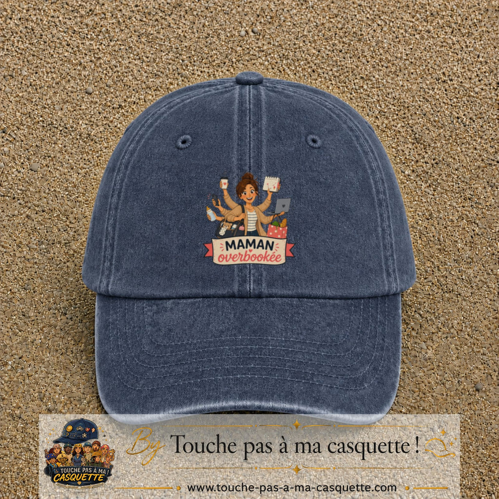 Casquette baseball Bleu marine délavé 100% coton avec visuel Maman overbookée 7 cm - image produit principale