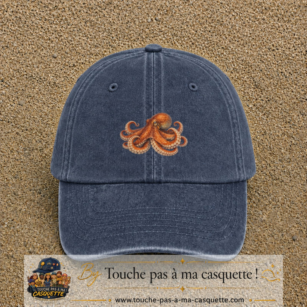 Casquette Bleu marine délavé motif Poulpe marin 5 cm - vue principale