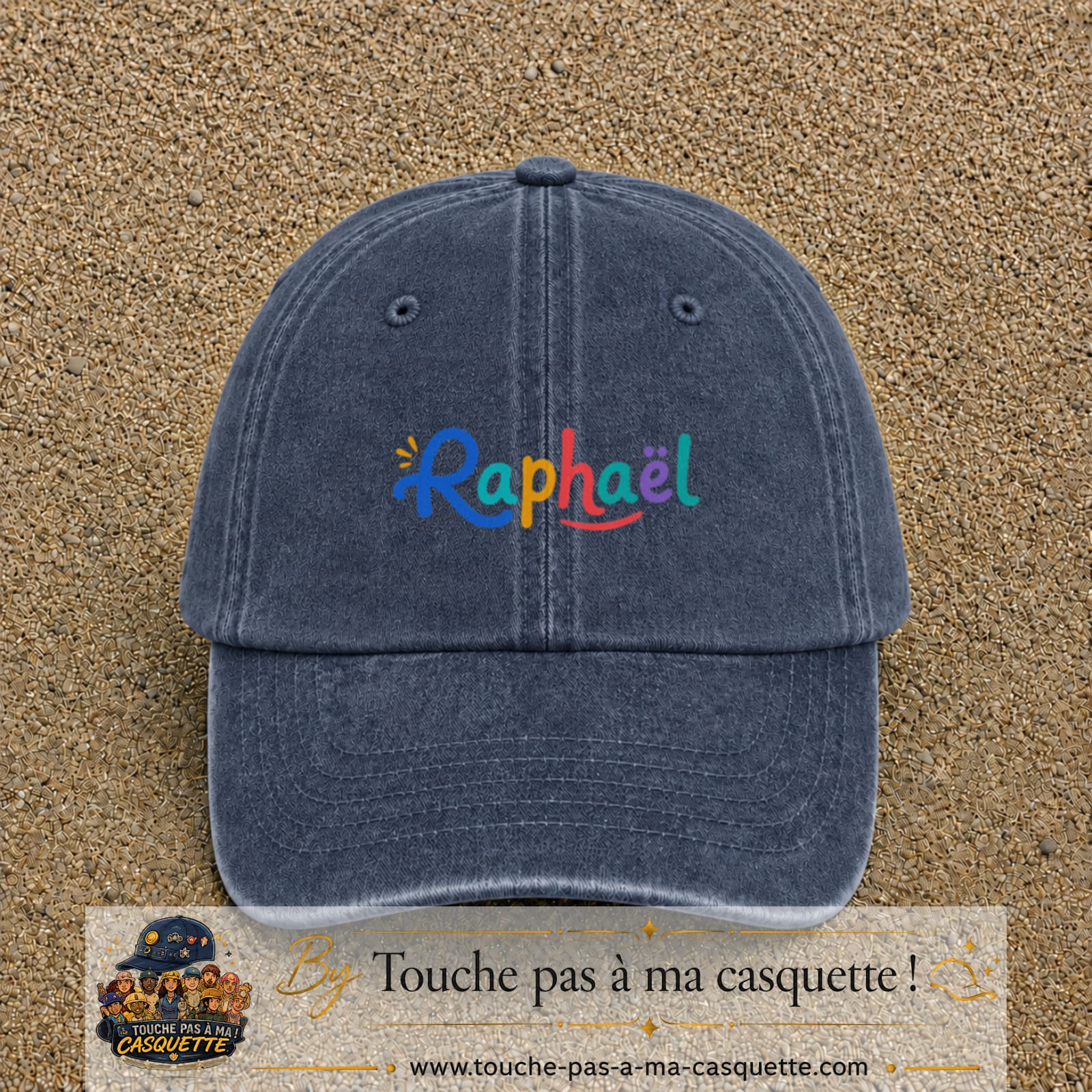 Casquette baseball Bleu marine délavé 100% coton avec visuel Prénom Raphaël coloré 5 cm - image produit principale