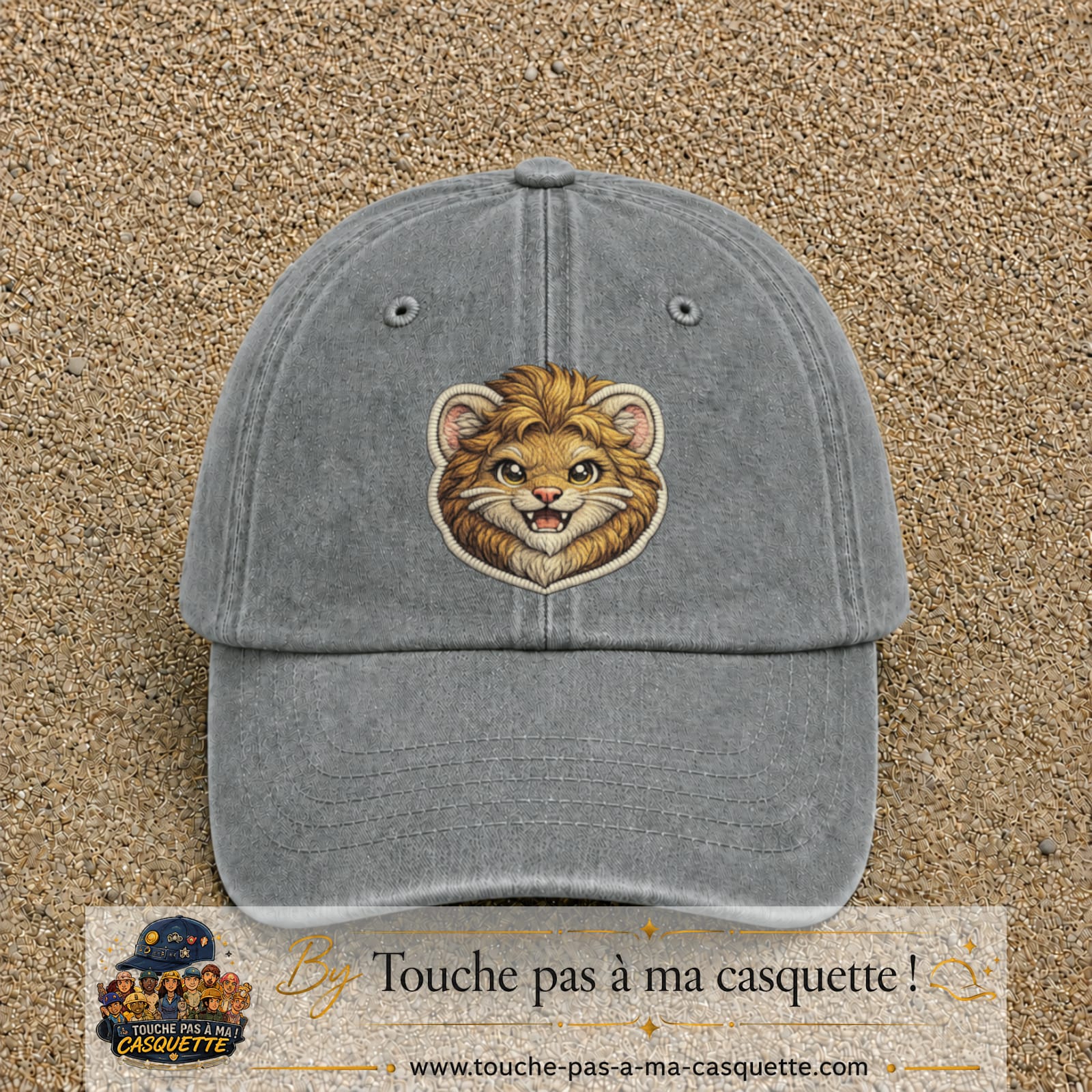 Image principale produit39grosGR - casquette Gris délavé avec visuel Lion souriant 7 cm