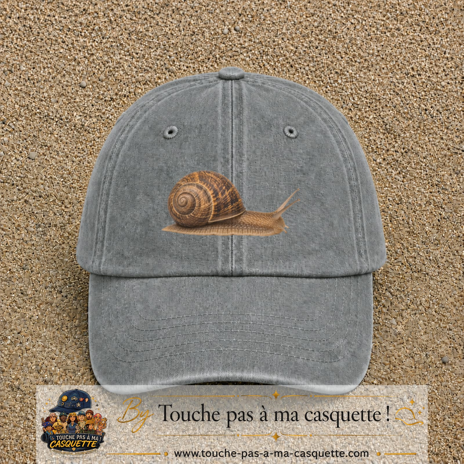 Image principale produit74moyenGR - casquette Gris délavé avec visuel Escargot 5 cm