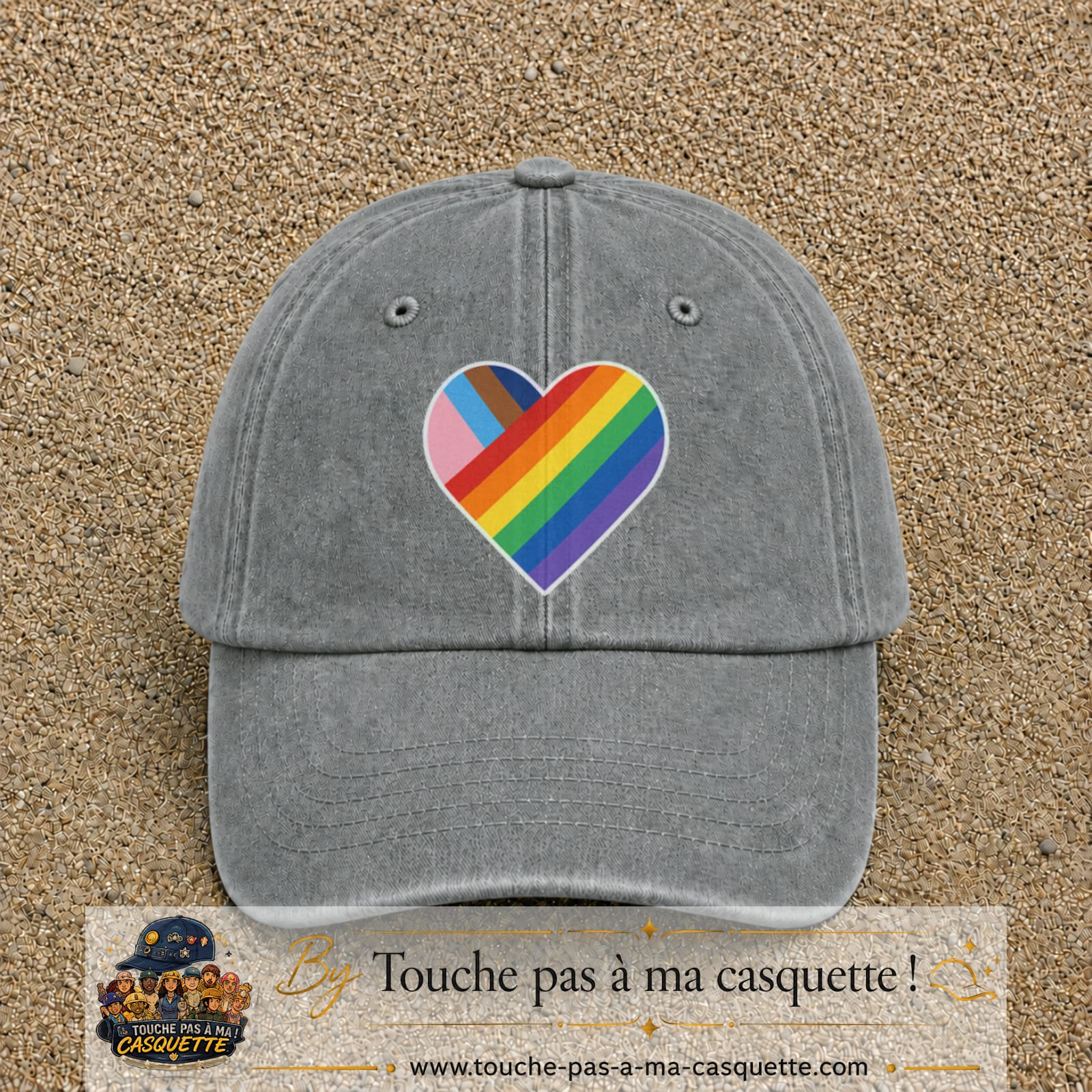 Image principale produit23grosGR - casquette Gris délavé avec visuel Cœur arc-en-ciel 7 cm