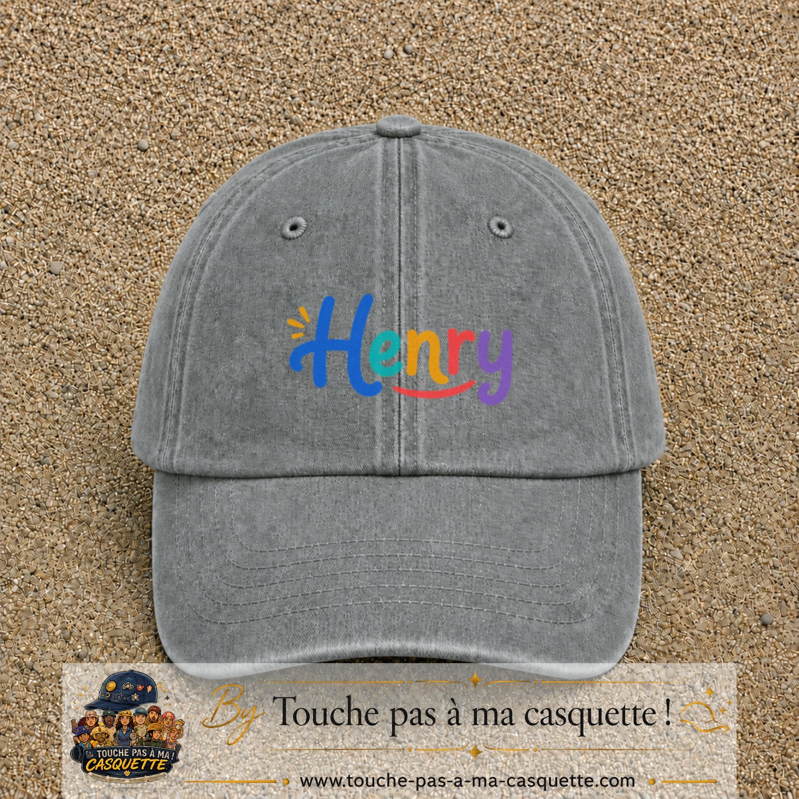 Casquette baseball Gris délavé 100% coton avec visuel Prénom Henry coloré 5 cm - image produit principale