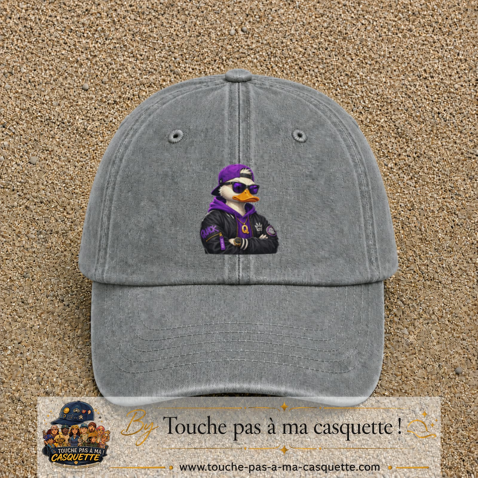 Casquette Gris délavé 100% coton avec motif Canard rappeur violet 7 cm - image principale