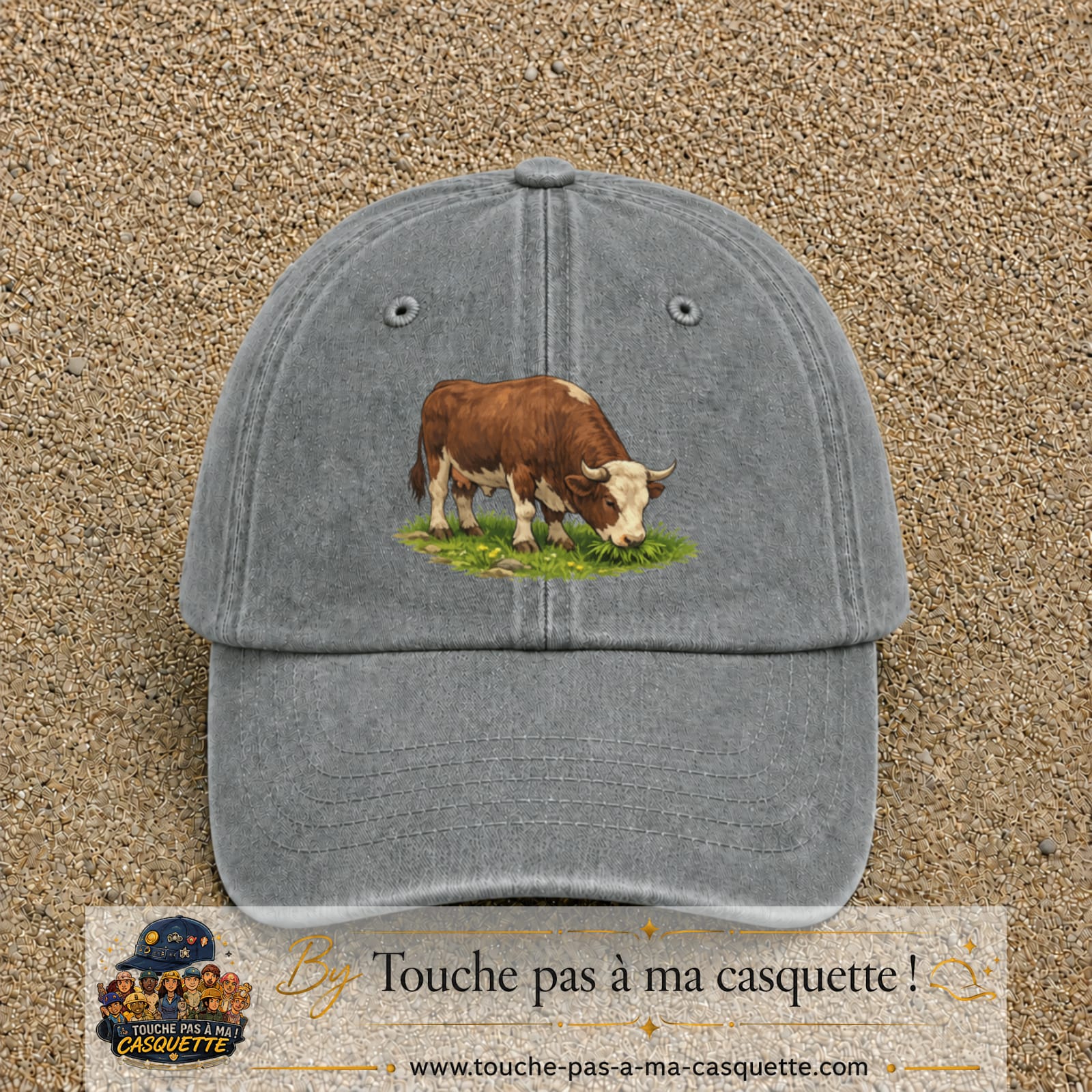 Casquette baseball Gris délavé 100% coton avec motif Vache brune 7 cm - image principale