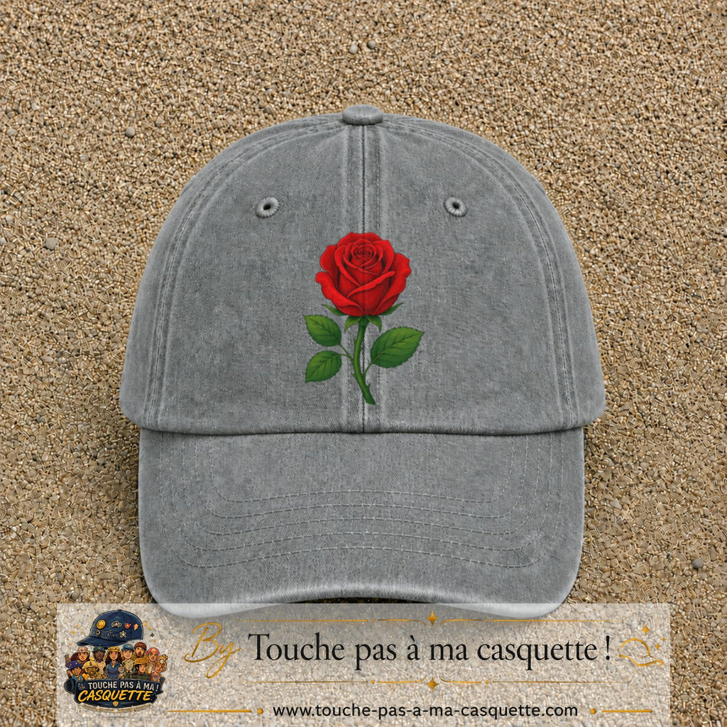 Casquette baseball Gris délavé 100% coton avec motif Fleur de rose 7 cm - image principale