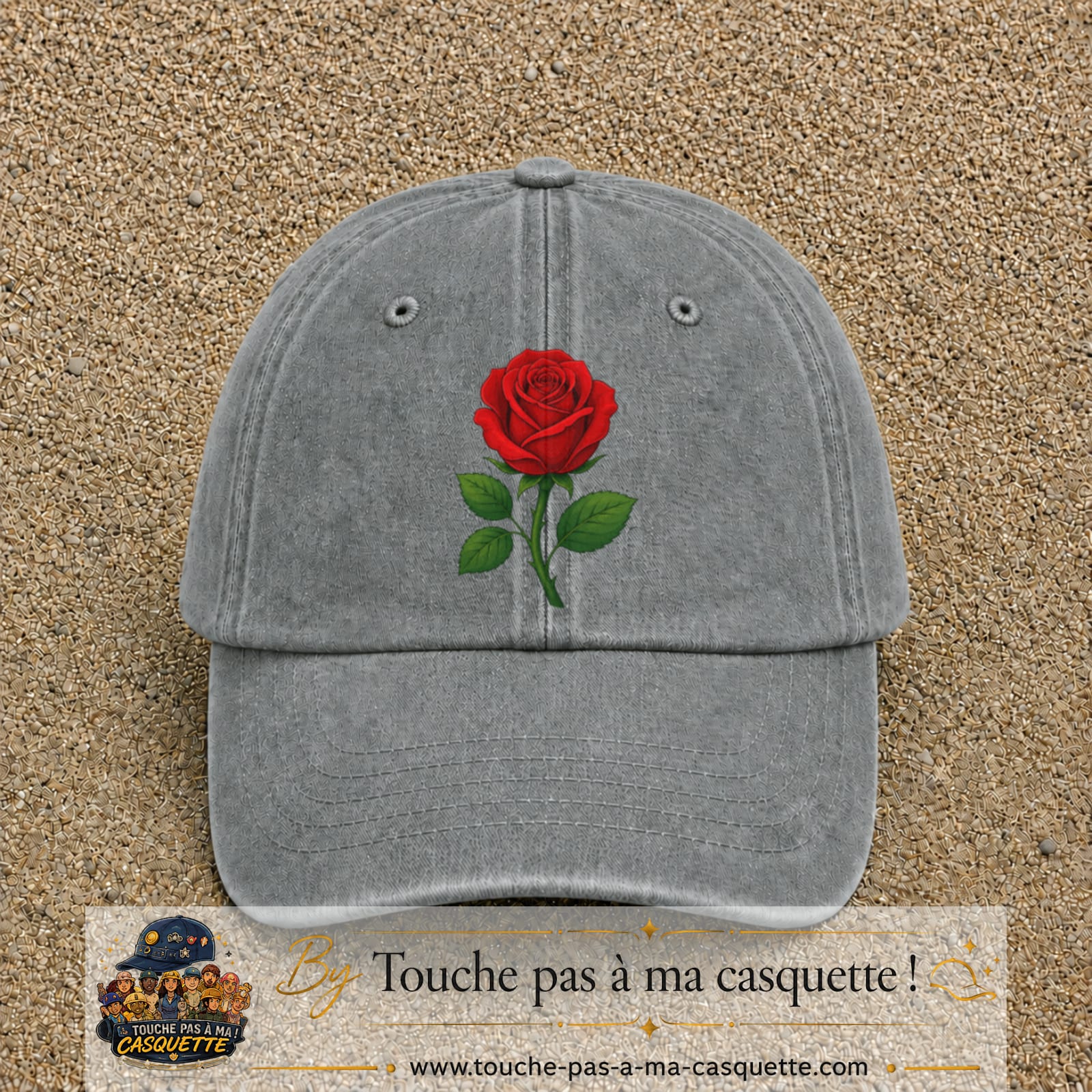 Casquette baseball Gris délavé 100% coton avec motif Fleur de rose 7 cm - image principale