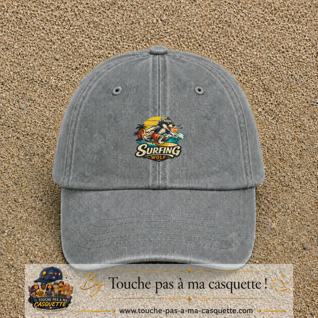 Casquette Gris délavé 100% coton avec motif Surfing Wolf 5 cm - image principale