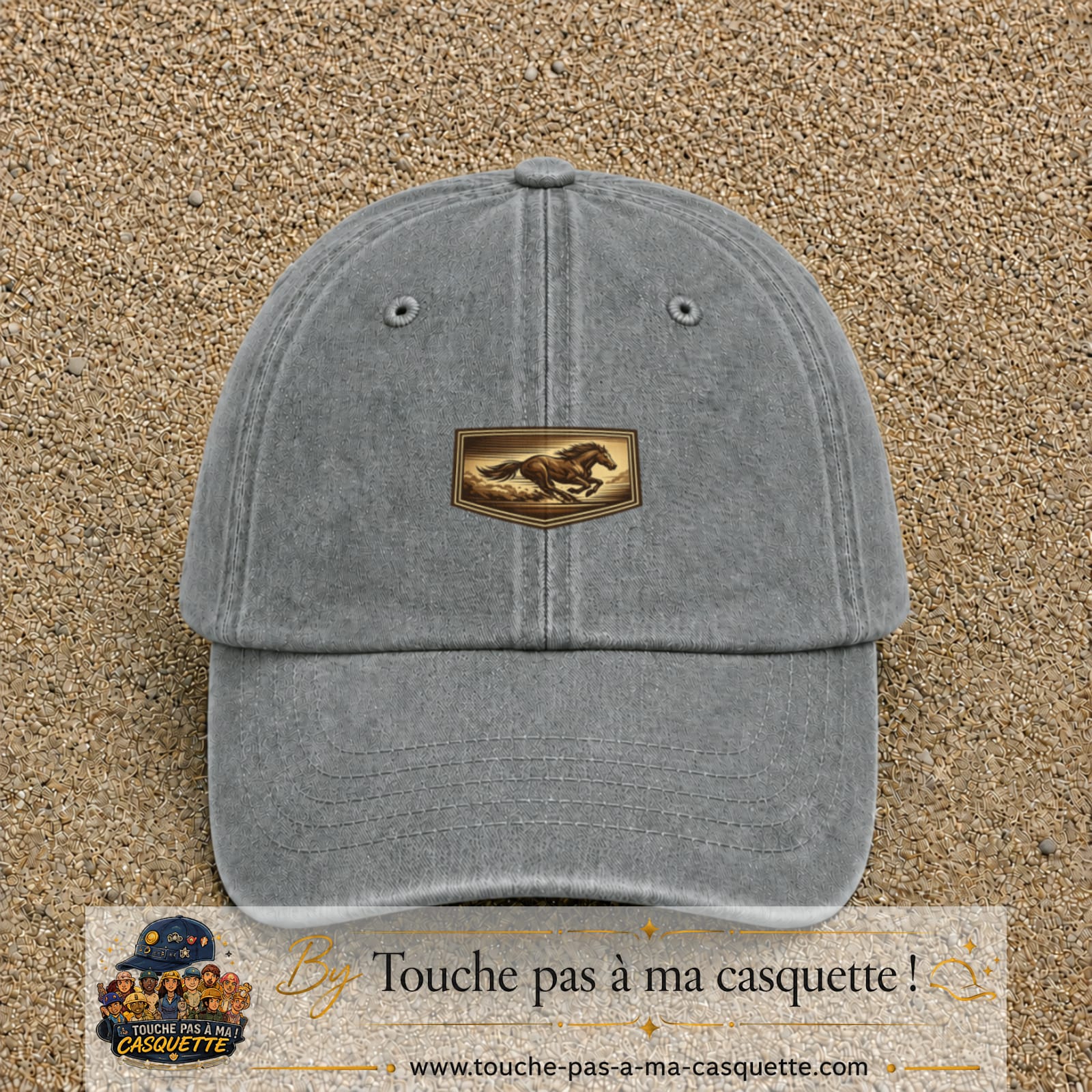 Casquette baseball Gris délavé 100% coton avec visuel Cheval en course 3 cm - image produit principale