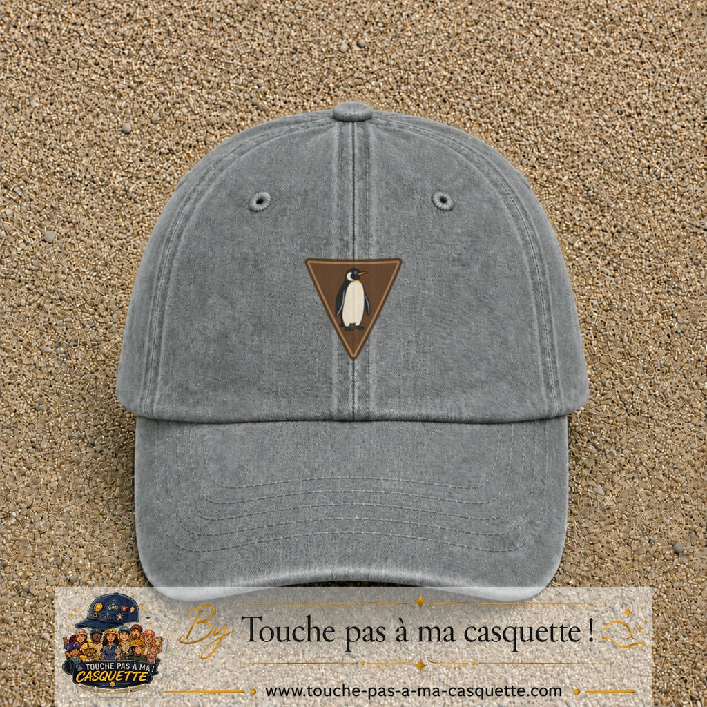 Casquette baseball Gris délavé 100% coton avec visuel Pingouin panneau 5 cm - image produit principale