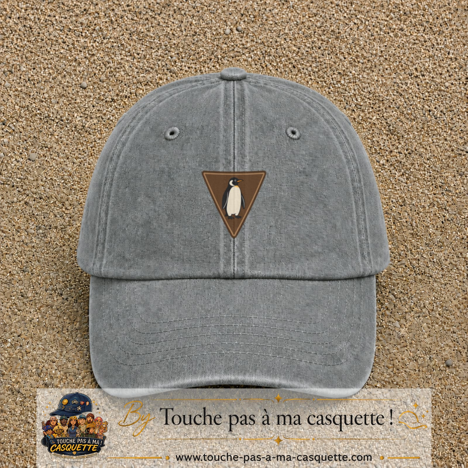 Casquette baseball Gris délavé 100% coton avec visuel Pingouin panneau 5 cm - image produit principale