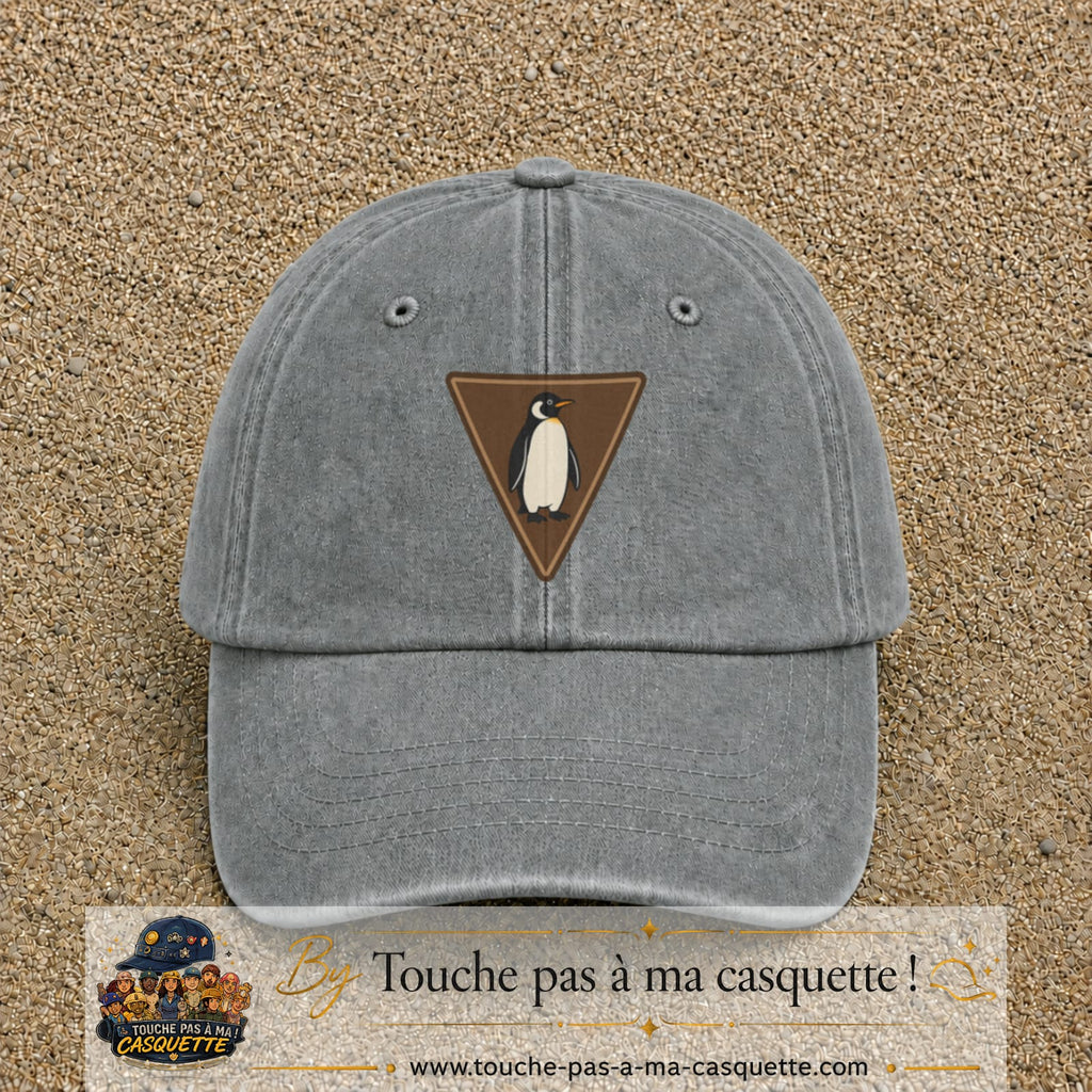 Casquette baseball Gris délavé 100% coton avec visuel Pingouin panneau 7 cm - image produit principale