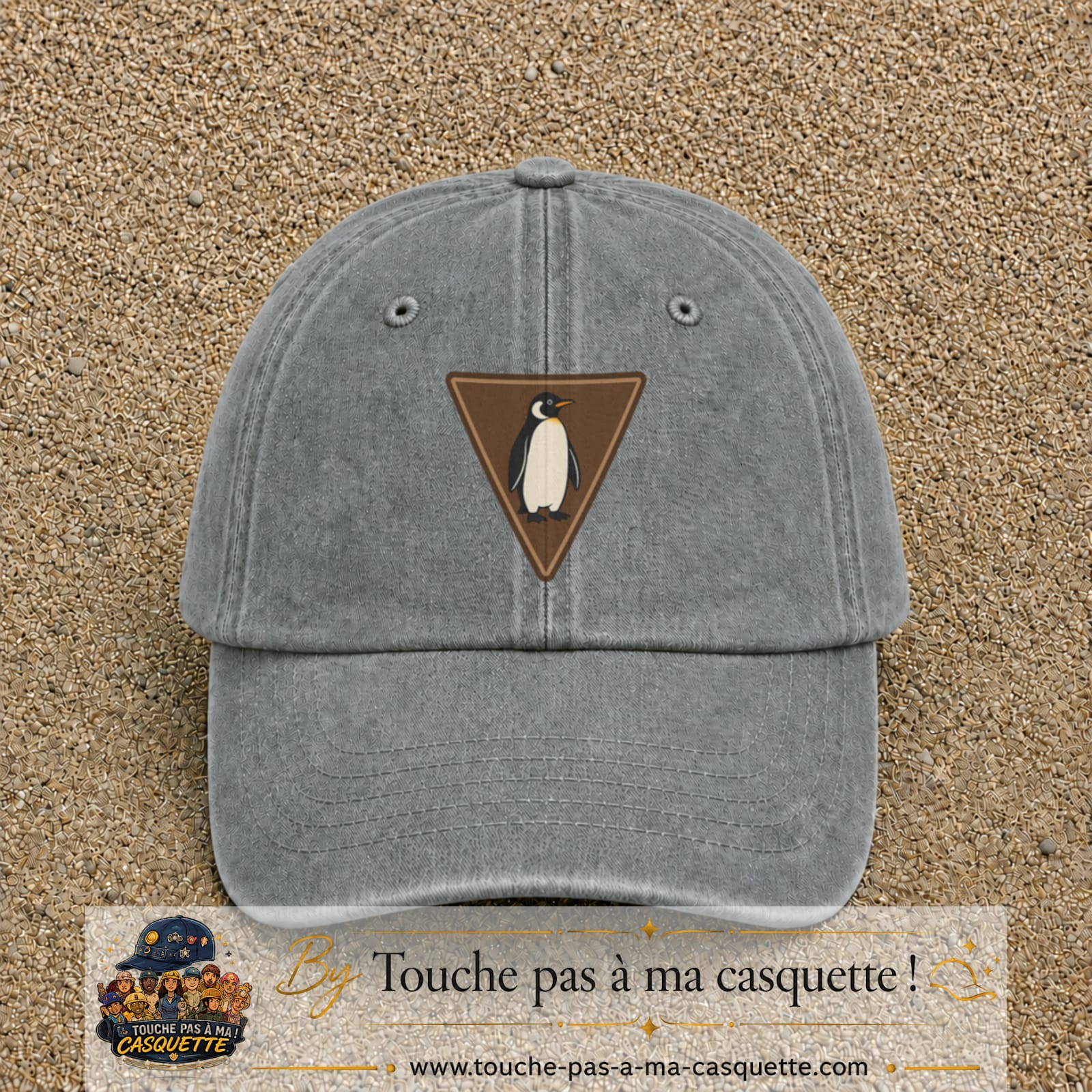 Casquette baseball Gris délavé 100% coton avec visuel Pingouin panneau 7 cm - image produit principale