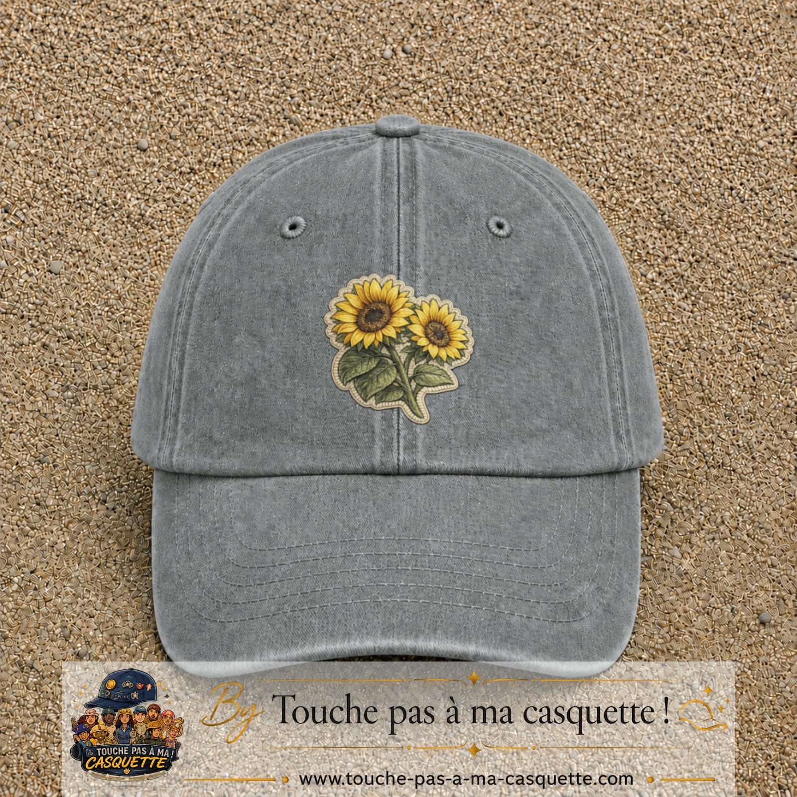 Casquette Gris délavé motif Duo de tournesols 7 cm - vue principale