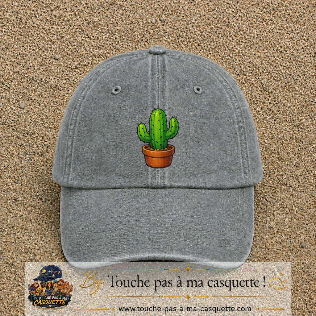 Casquette baseball Gris délavé 100% coton avec visuel Cactus en pot 7 cm - image produit principale