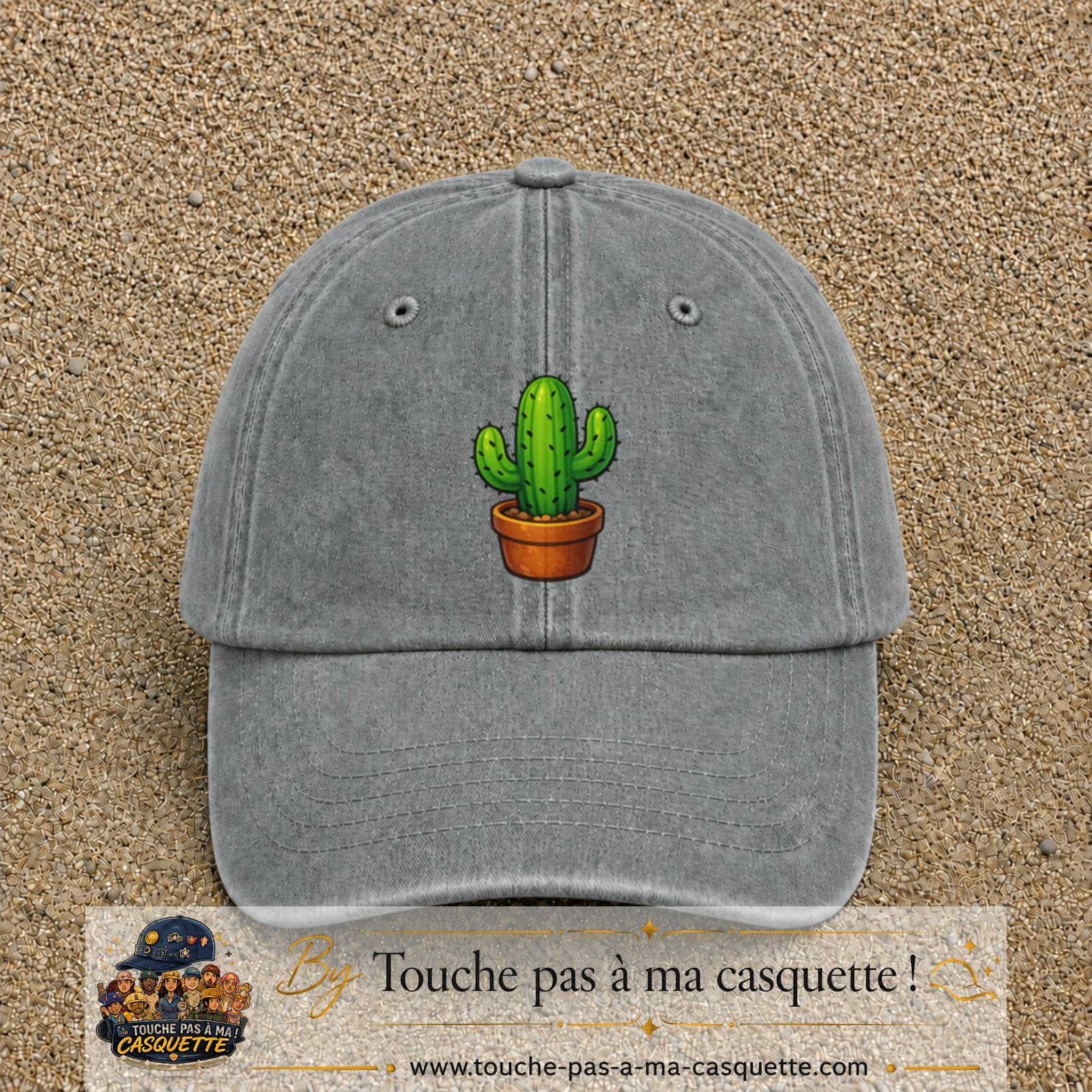 Casquette baseball Gris délavé 100% coton avec visuel Cactus en pot 7 cm - image produit principale