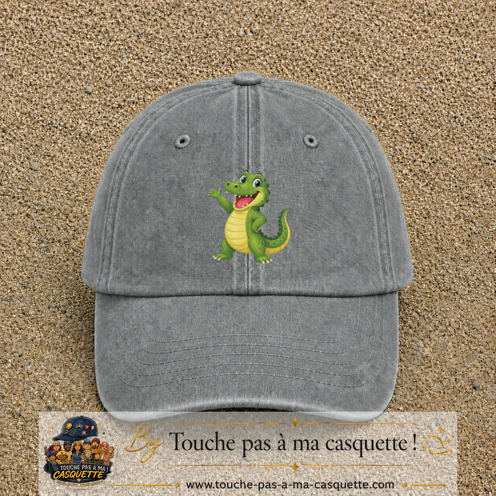 Casquette Gris délavé 100% coton avec motif Crocodile joyeux 7 cm - image principale