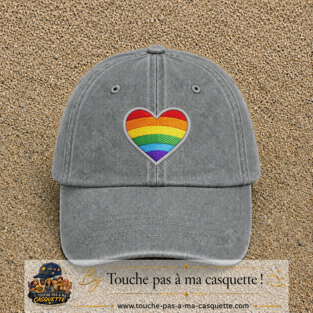 Casquette baseball Gris délavé 100% coton avec visuel Cœur arc-en-ciel 7 cm - image produit principale
