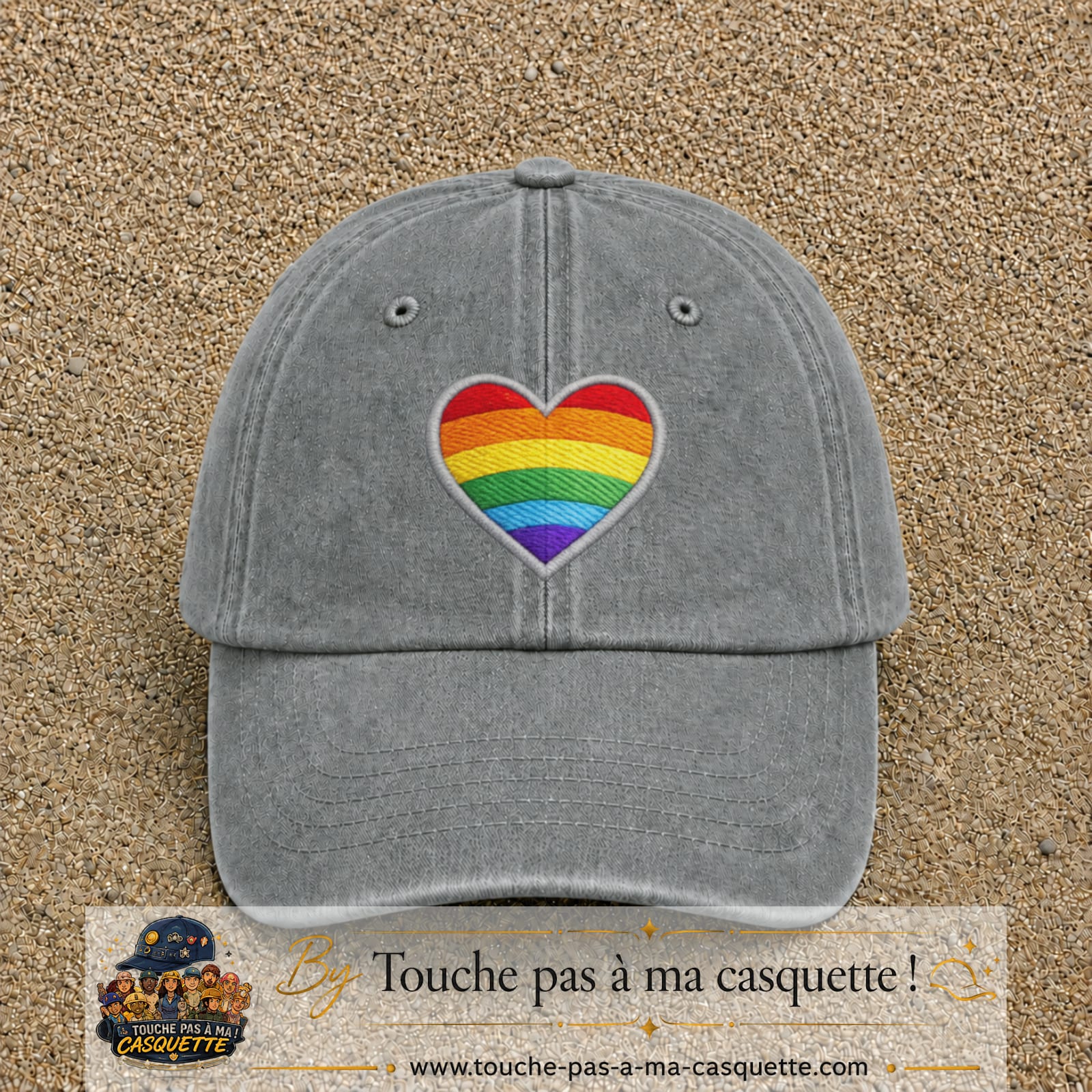 Casquette baseball Gris délavé 100% coton avec visuel Cœur arc-en-ciel 7 cm - image produit principale