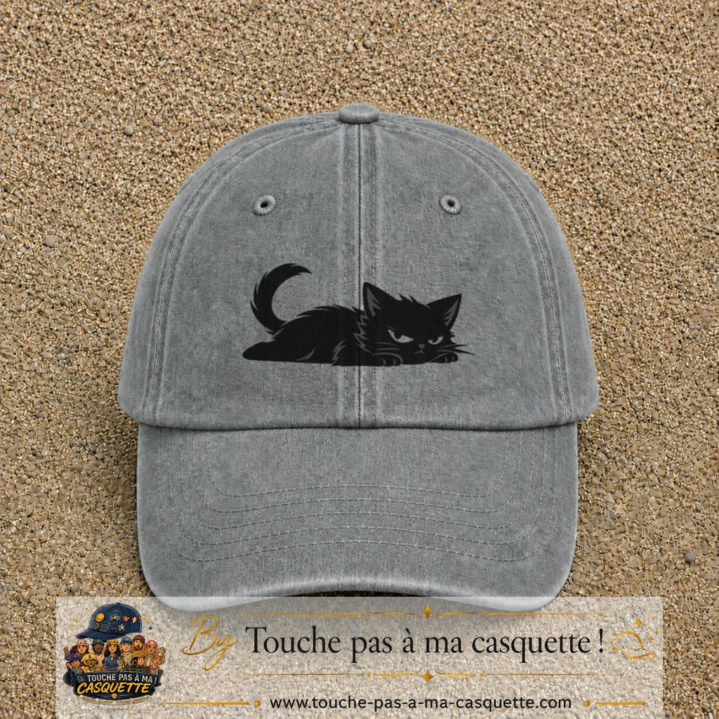 Casquette baseball Gris délavé 100% coton avec visuel Chat noir couché 5 cm - image produit principale
