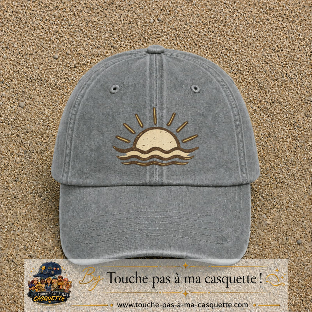 Casquette baseball Gris délavé 100% coton avec visuel Soleil et vagues 7 cm - image produit principale