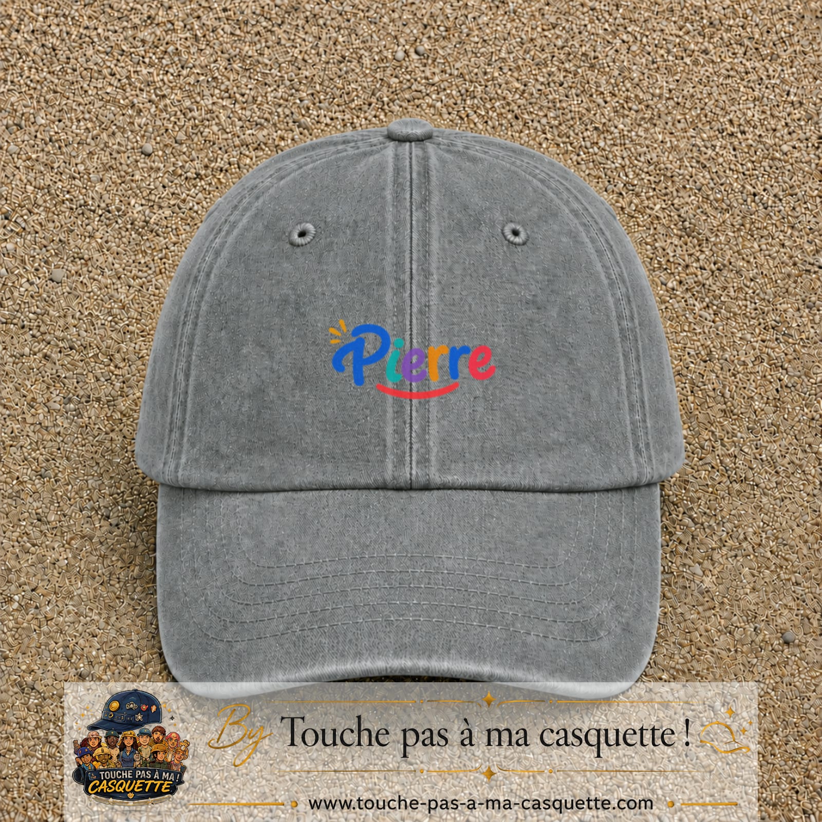Casquette baseball Gris délavé 100% coton avec visuel Prénom Pierre coloré 3 cm - image produit principale