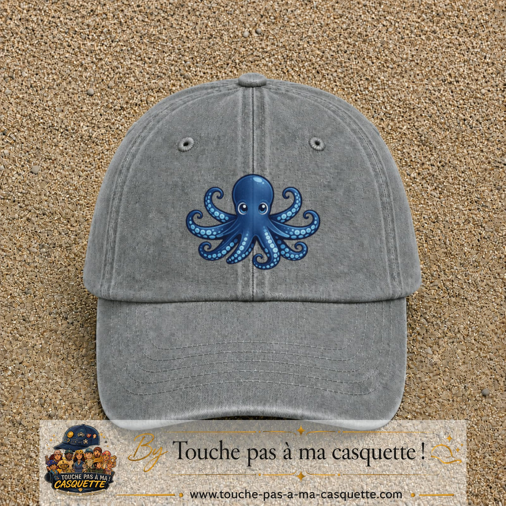 Casquette baseball Gris délavé 100% coton avec visuel Pieuvre bleue 7 cm - image produit principale