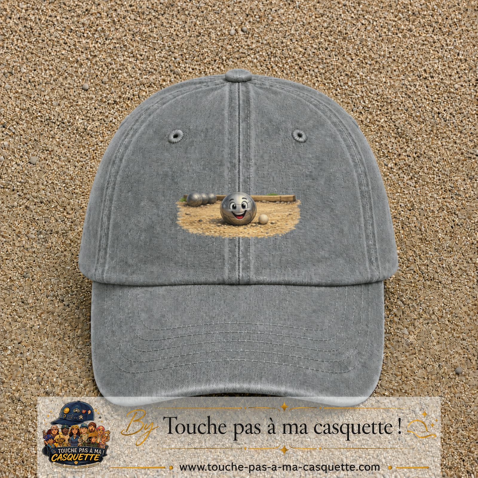 Casquette baseball Gris délavé 100% coton avec motif Boule de pétanque souriante 7 cm - image principale