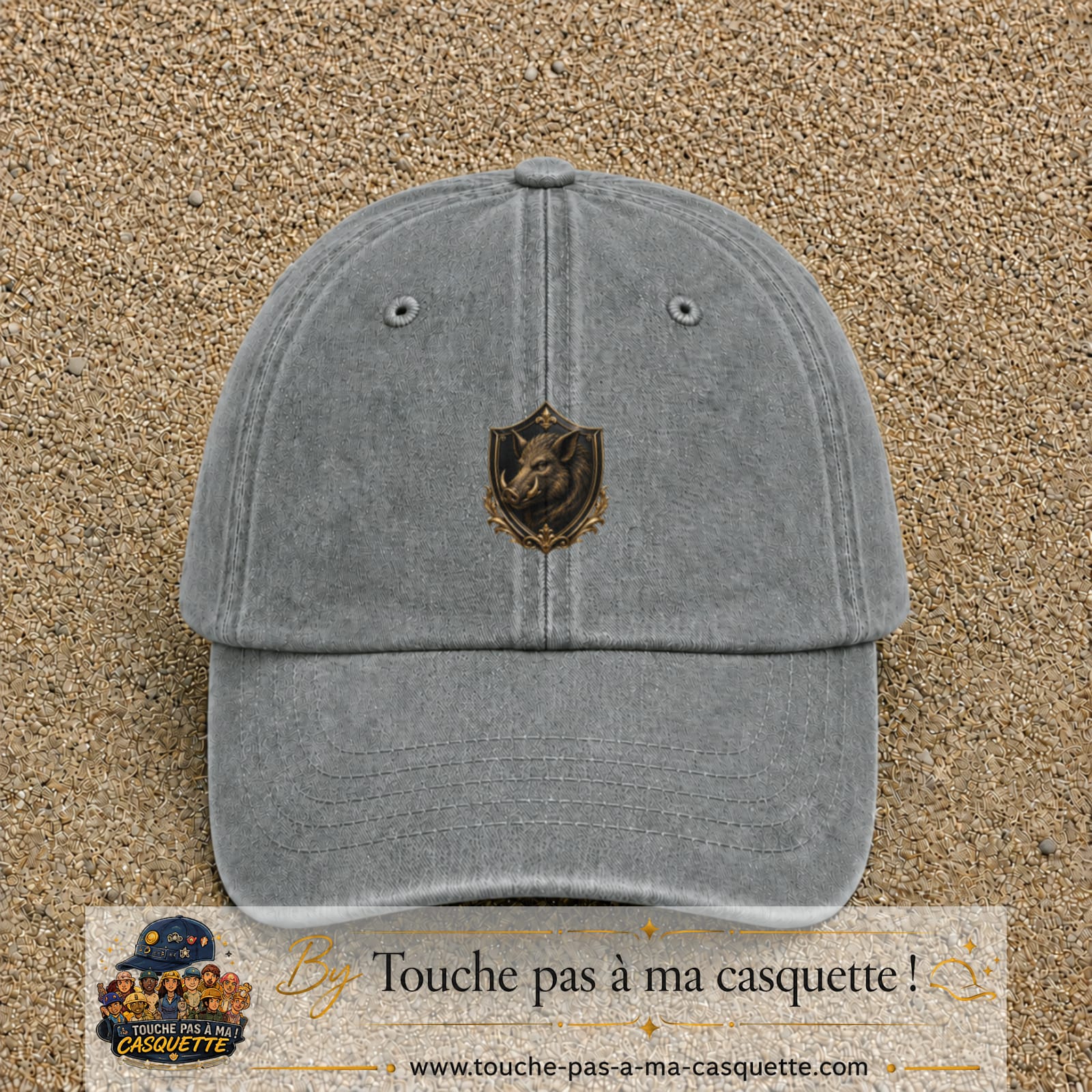 Casquette baseball Gris délavé 100% coton avec visuel Écusson sanglier 5 cm - image produit principale