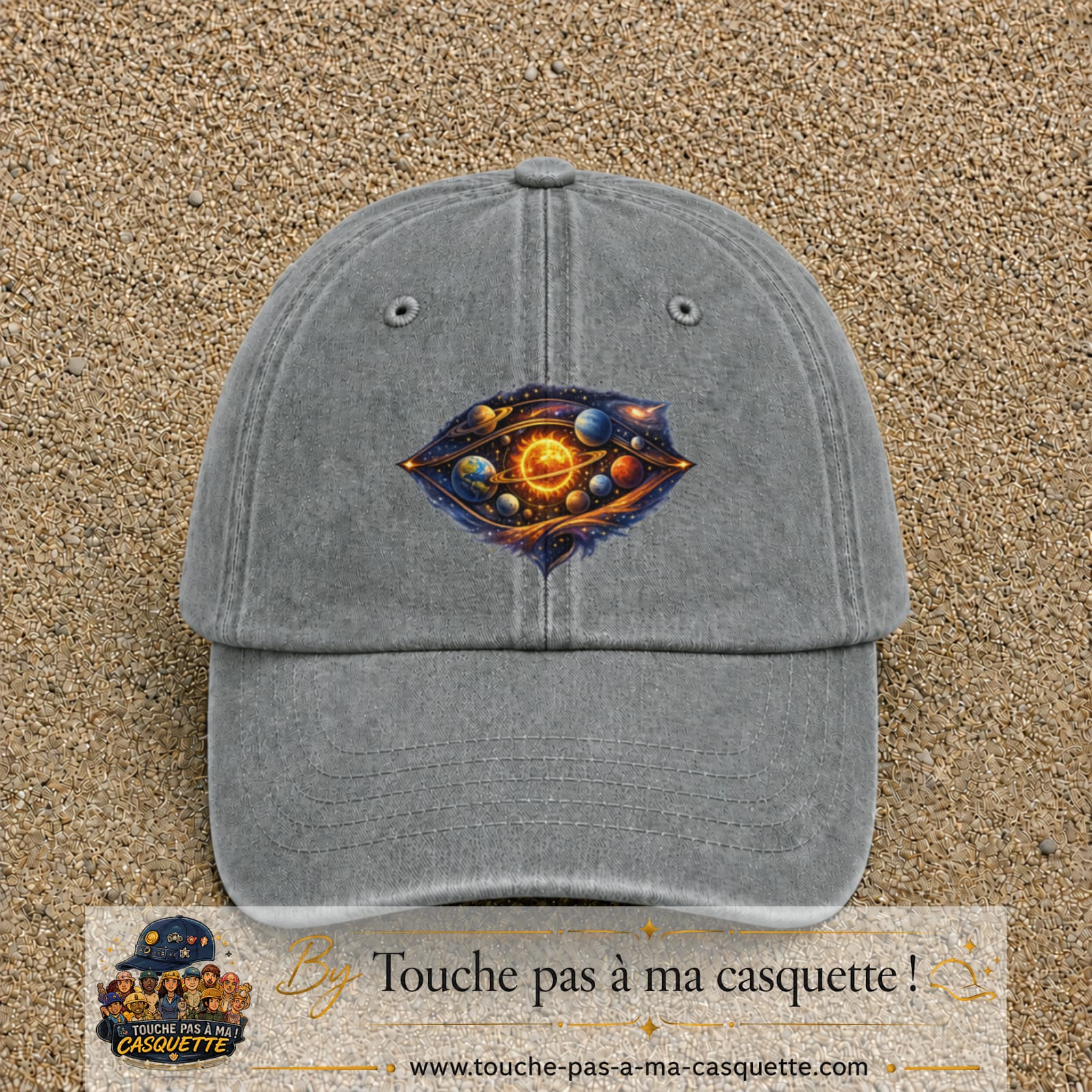 Casquette baseball Gris délavé 100% coton avec visuel Galaxie système solaire 7 cm - image produit principale