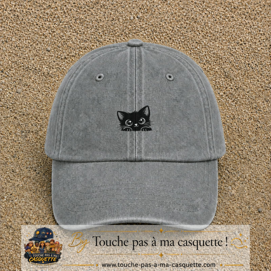 Casquette baseball Gris délavé 100% coton avec visuel Chaton noir kawaii 3 cm - image produit principale