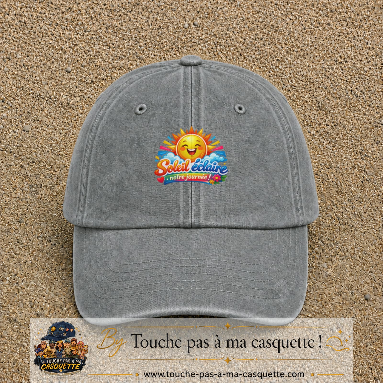 Casquette baseball Gris délavé 100% coton avec motif Soleil éclaire notre journée 7 cm - image principale