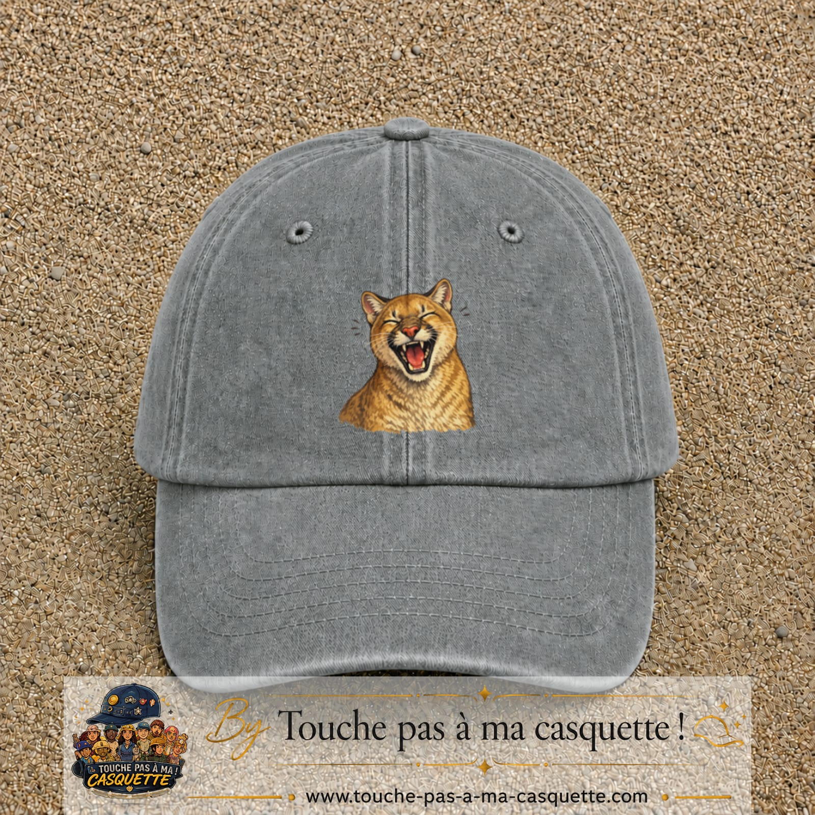 Casquette Gris délavé 100% coton avec motif Félin sauvage qui rit 7 cm - image principale