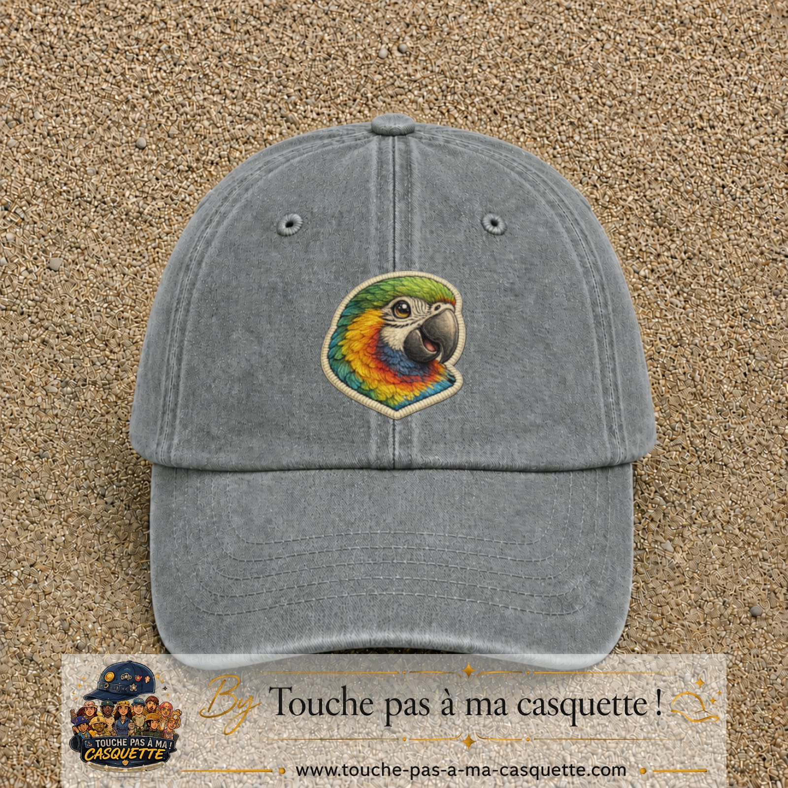 Casquette Gris délavé motif Perroquet tropical 7 cm - vue principale