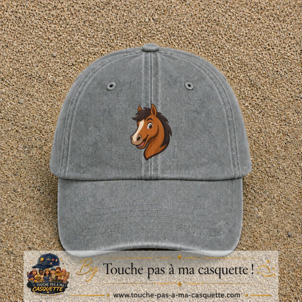 Casquette baseball Gris délavé 100% coton avec visuel Cheval souriant 7 cm - image produit principale